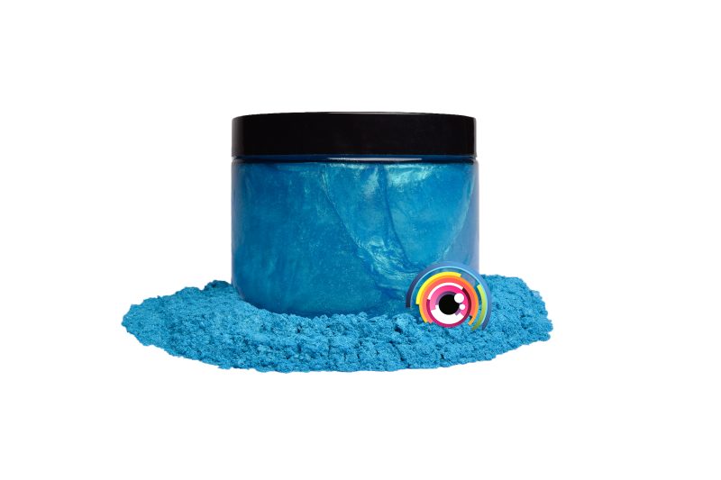 Eye Candy Mica Powder Pigment for epoxy resin in Okinawa Blue. (4oz contain resin example)